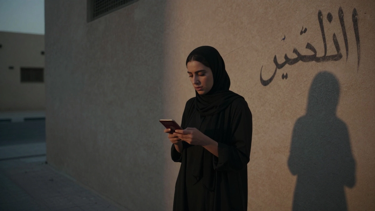 A woman in a Dubai alley at dusk holding a passport and phone, her shadow long against graffiti-covered wall.
