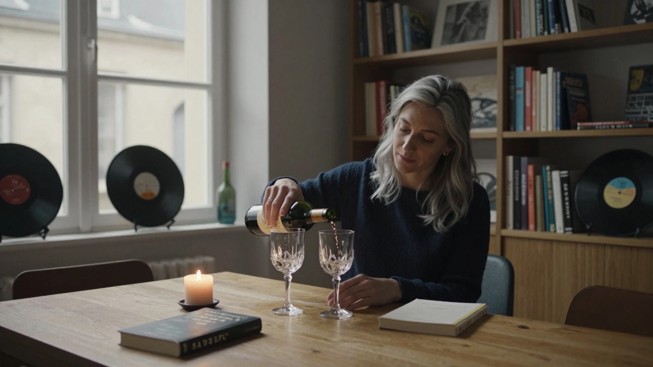 A woman pours wine in a cozy Parisian apartment surrounded by art books and a flickering candle.