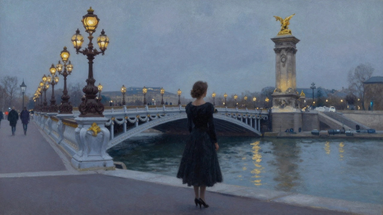 A woman stands alone by the Seine at dusk, gazing at the illuminated Pont Alexandre III under moonlight.