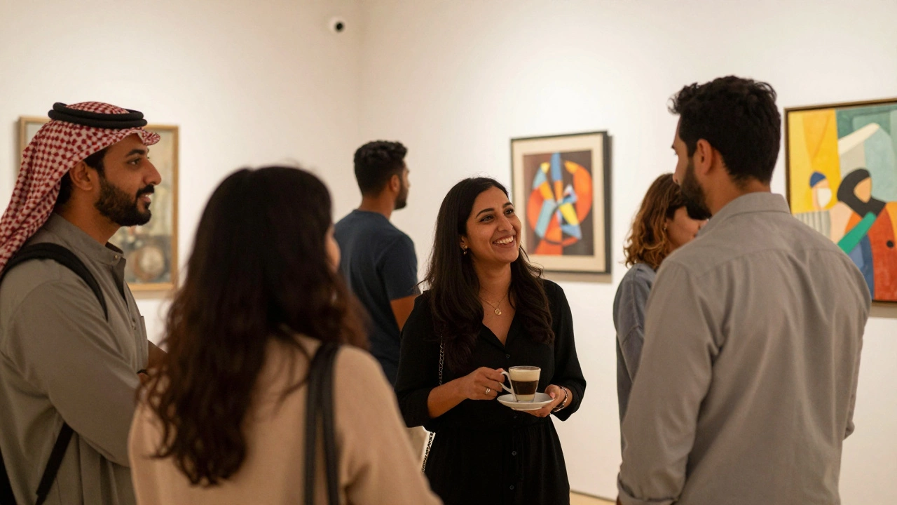 Diverse people socializing at an art event in Dubai, laughing and viewing contemporary artwork.